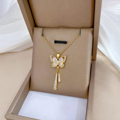 Classic Charming Romantic White Tassel Butterfly Necklace Fashionable Micro - inlaid Temperament Versatile Stainless Steel Gift - SHOWLU FASHION STORE