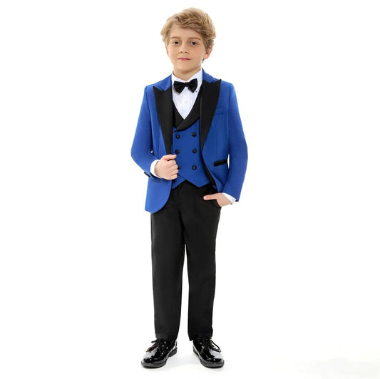 Classic Royal Blue Prom Suit for Boys 4 Piece Jacket Vest Pants Set Children Gift Peaked Lapel Blazer Kids Outfit Costume Suit - SHOWLU FASHION STORE