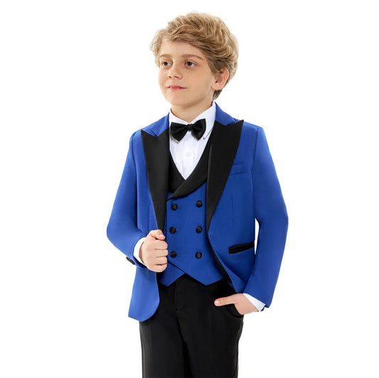 Classic Royal Blue Prom Suit for Boys 4 Piece Jacket Vest Pants Set Children Gift Peaked Lapel Blazer Kids Outfit Costume Suit - SHOWLU FASHION STORE