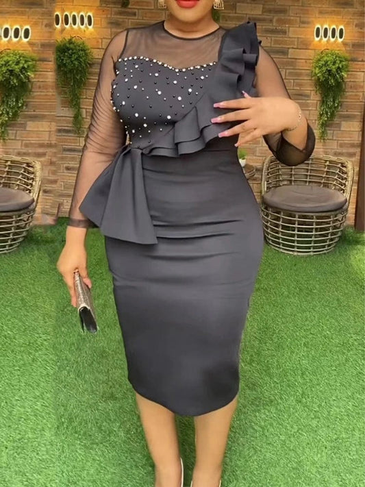 Classy Women White Midi Bodycon Long Sleeve Dress Beads Sheer Sweetheart Ruffles Peplum Dresses for Wedding Guest Party Birthday - SHOWLU FASHION STORE
