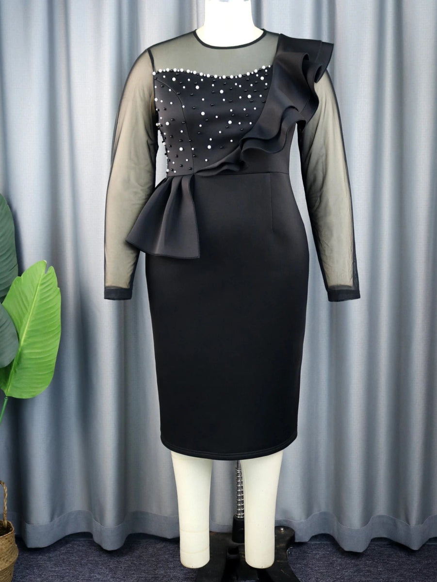 Classy Women White Midi Bodycon Long Sleeve Dress Beads Sheer Sweetheart Ruffles Peplum Dresses for Wedding Guest Party Birthday - SHOWLU FASHION STORE