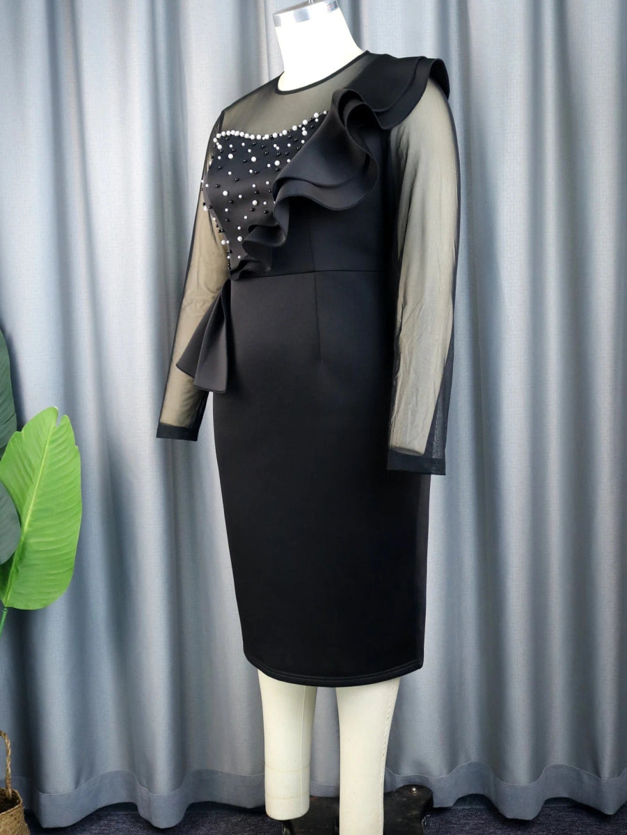 Classy Women White Midi Bodycon Long Sleeve Dress Beads Sheer Sweetheart Ruffles Peplum Dresses for Wedding Guest Party Birthday - SHOWLU FASHION STORE