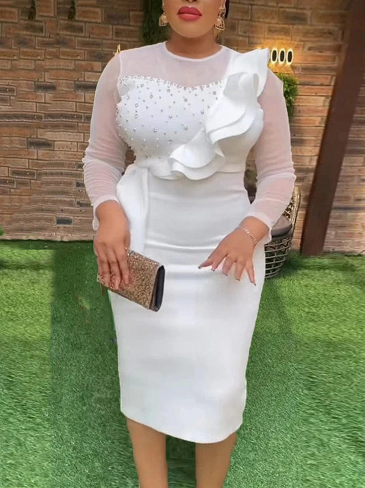 Classy Women White Midi Bodycon Long Sleeve Dress Beads Sheer Sweetheart Ruffles Peplum Dresses for Wedding Guest Party Birthday - SHOWLU FASHION STORE