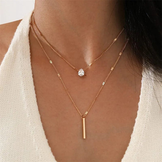 Crystal Zircon Heart Star Charm Layered Pendant Necklace Set for Women Charms Fashion Square Rhinestone Female Vintage Jewelry - SHOWLU FASHION STORE