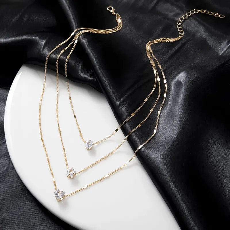 Crystal Zircon Heart Star Charm Layered Pendant Necklace Set for Women Charms Fashion Square Rhinestone Female Vintage Jewelry - SHOWLU FASHION STORE