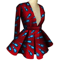 Customized African Printed Women's Clothing High Waist Long Sleeves Sexy V - neck Top African Ladies Tops - SHOWLU FASHION STORE