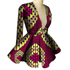 Customized African Printed Women's Clothing High Waist Long Sleeves Sexy V - neck Top African Ladies Tops - SHOWLU FASHION STORE