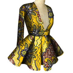 Customized African Printed Women's Clothing High Waist Long Sleeves Sexy V - neck Top African Ladies Tops - SHOWLU FASHION STORE