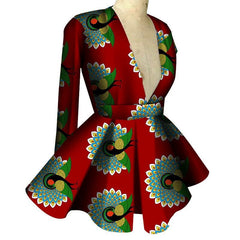 Customized African Printed Women's Clothing High Waist Long Sleeves Sexy V - neck Top African Ladies Tops - SHOWLU FASHION STORE