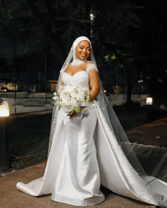 Customized High Collar Shinny Pearls Mermaid Wedding Dress For Bride Robe De Aso Ebi Long Sleeves Bridal Gown Detachable Train - SHOWLU FASHION STORE