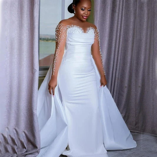 Customized Romantic Shinny Handwork Beads Wedding Dresses 2025 Robe De Mariee Long Sleeves Detachable Train Bridal Gowns - SHOWLU FASHION STORE
