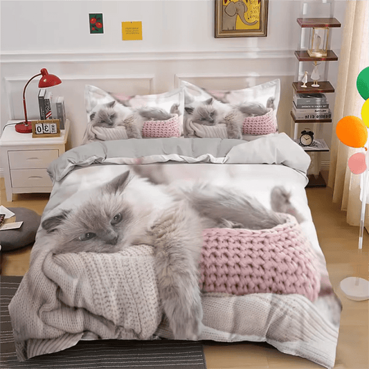 Cute Cat Bedding Set 3D Duvet Cover Set Single Double Twin Full Size Teens Adults Bedclothes Soft Polyester Bed Linen For Baby - SHOWLU FASHION STORE