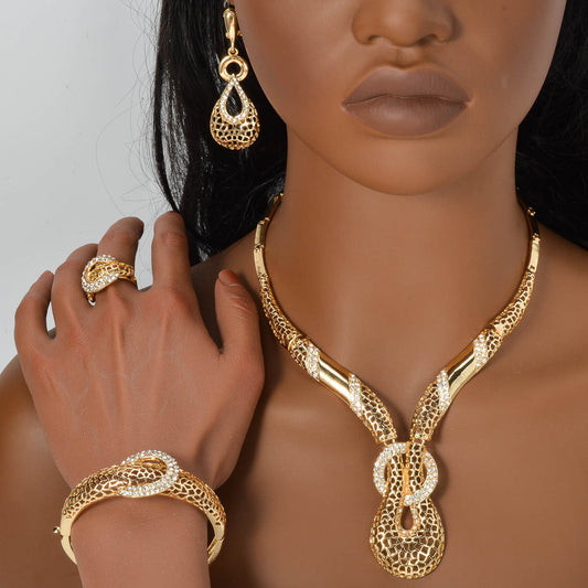 Middle Eastern Fashion Retro Men's and Women's Copper Jewelry Set Unique Curved Hollow Y-shaped Glitter Necklace + Bracelet + Earrings + Ring Suitable for Ramadan Gift SHOWLU FASHION STORE