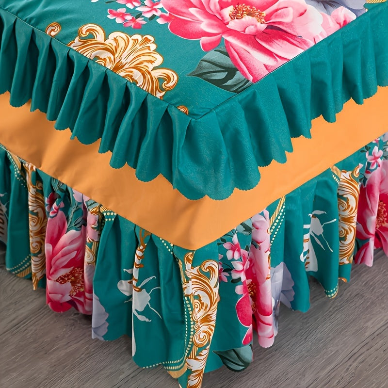 1pc Elegant Chinese Peony Bed Skirt - Traditional Style with Ruffled Edge, Golden Floral Design, Machine Washable Polyester, Perfect for Adding a Touch of Sophistication to Your Bedroom Decor, Bedroom Decor And Accessories SHOWLU FASHION STORE