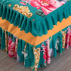 1pc Elegant Chinese Peony Bed Skirt - Traditional Style with Ruffled Edge, Golden Floral Design, Machine Washable Polyester, Perfect for Adding a Touch of Sophistication to Your Bedroom Decor, Bedroom Decor And Accessories SHOWLU FASHION STORE