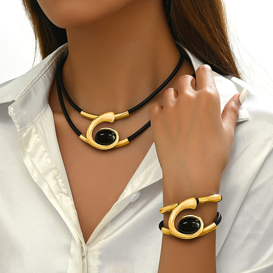 Two-piece Set of Women's Bohemian Style Design Spiral Inlaid Black Acrylic Gemstone Long Bead Pendant Necklace and Bracelet Set SHOWLU FASHION STORE