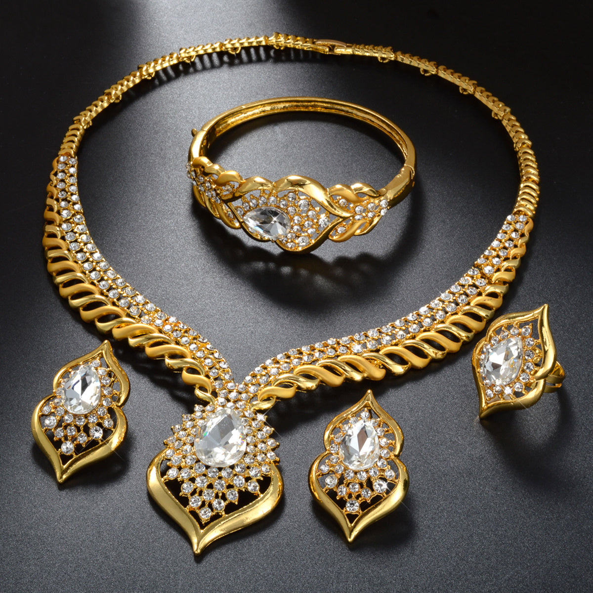 1 Set Elegant Copper Jewelry for Women - Luxury Teardrop Pendant Necklace, Bracelet, Ring, and Earrings with Synthetic Zirconia - Middle Eastern Style for Wedding, Party, Ramadan - All-Season Gift Set SHOWLU FASHION STORE