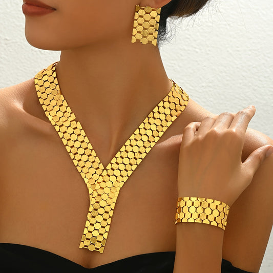 Four-piece set of gold-plated iron luxury exaggerated wide face hollow geometric rhombus grid necklace, earrings and bracelet set suitable for Women's banquet and wedding wear SHOWLU FASHION STORE