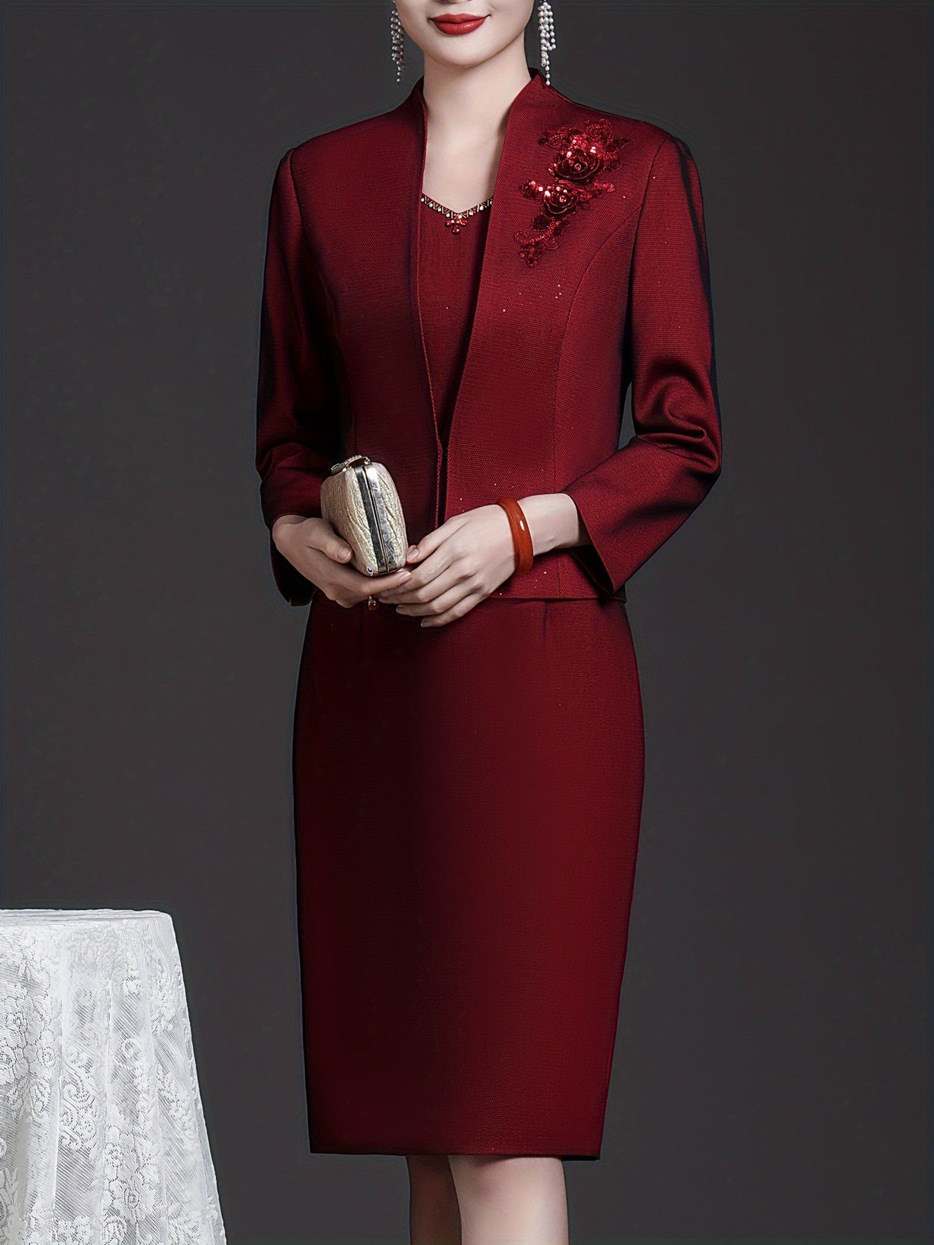 Wine Red Two-piece Dress Set Elegant Slim, Long Sleeve Coat Embroidered Top And Sleeveless Sundress Women SHOWLU FASHION STORE