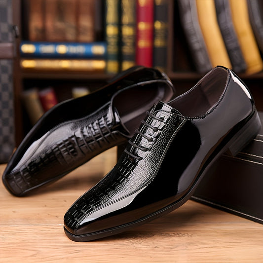 Men's Elegant Black Dress Shoes - Glossy Finish, Pointed Toe, Lace-Up Business & Formal Style for Weddings, Parties, and Casual Attire