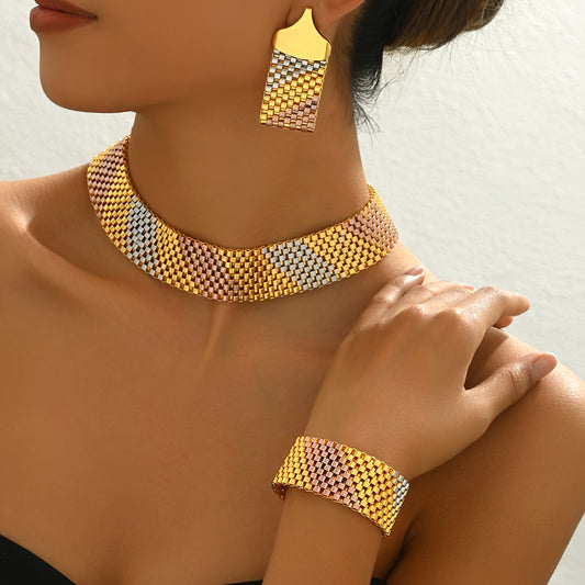 A Set of Four Vintage Luxurious Tribal Style Gold-Plated Jewelry, Including a Colorful Necklace, Earrings, And Bracelet, Designed for Women - Made of Iron Material, No Mosaic - Suitable for Festivals, Weddings, And Banquets. SHOWLU FASHION STORE