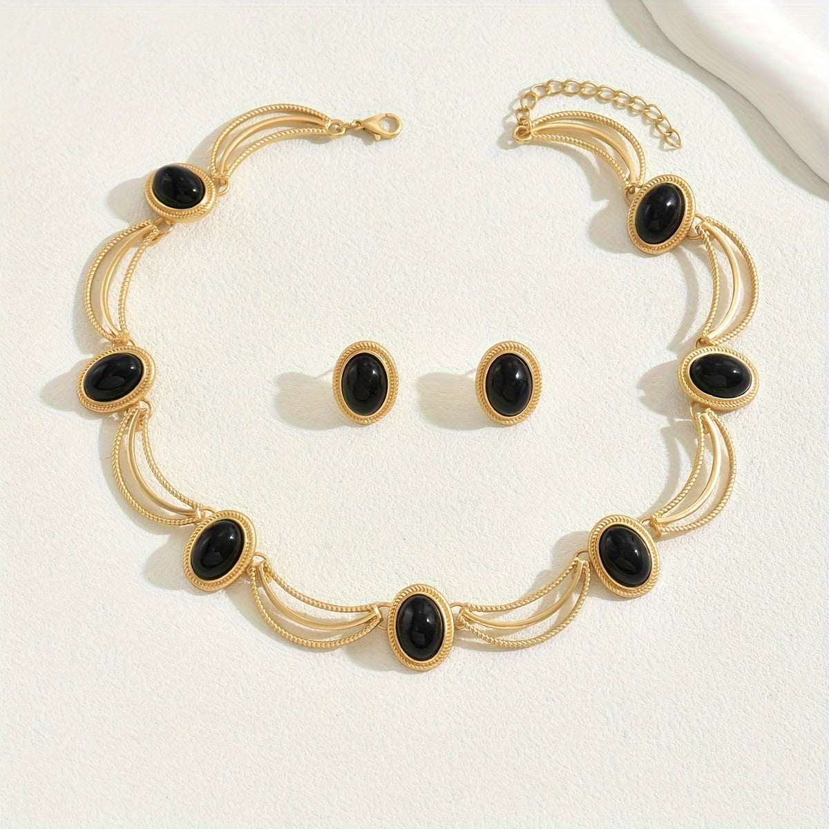 Boho Vacation Style Jewelry Set - 14K Golden Plated Copper with Black Glass Oval Stones - Elegant Vintage Inspired Necklace and Earrings Set for Party Occasions SHOWLU FASHION STORE