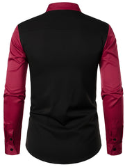 [Glossy Fabric] Stylish Men's Color Block Henley Shirt with Unique Slant Button Detail - Casual Stand Collar, Long Sleeve, Polyester Blend, Machine Washable - Perfect for All Seasons SHOWLU FASHION STORE