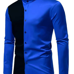 Men's Casual Color Block Mandarin Collar Shirt, 100% Polyester Non-Stretch Woven Fabric, Regular Fit for Spring/Fall - Black & Blue, Autumn Apparel | Qipao Style | Nonstretch Material SHOWLU FASHION STORE