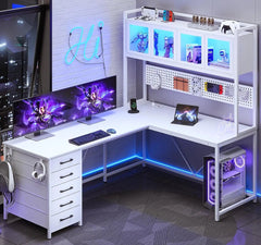 Desk, L Shaped Gaming Desk with Drawers, L Shaped Computer Desk with Hutch and Storage Shelves, Desk with Pegboard, Led Lights - SHOWLU FASHION STORE