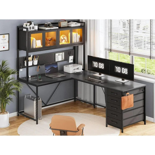 Desk, L Shaped Gaming Desk with Drawers, L Shaped Computer Desk with Hutch and Storage Shelves, Desk with Pegboard, Led Lights - SHOWLU FASHION STORE