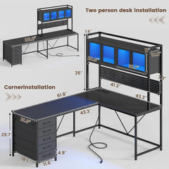 Desk, L Shaped Gaming Desk with Drawers, L Shaped Computer Desk with Hutch and Storage Shelves, Desk with Pegboard, Led Lights - SHOWLU FASHION STORE