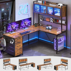 Desk, L Shaped Gaming Desk with Drawers, L Shaped Computer Desk with Hutch and Storage Shelves, Desk with Pegboard, Led Lights - SHOWLU FASHION STORE