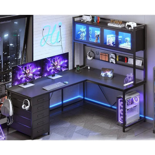 Desk, L Shaped Gaming Desk with Drawers, L Shaped Computer Desk with Hutch and Storage Shelves, Desk with Pegboard, Led Lights - SHOWLU FASHION STORE