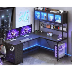 Desk, L Shaped Gaming Desk with Drawers, L Shaped Computer Desk with Hutch and Storage Shelves, Desk with Pegboard, Led Lights - SHOWLU FASHION STORE