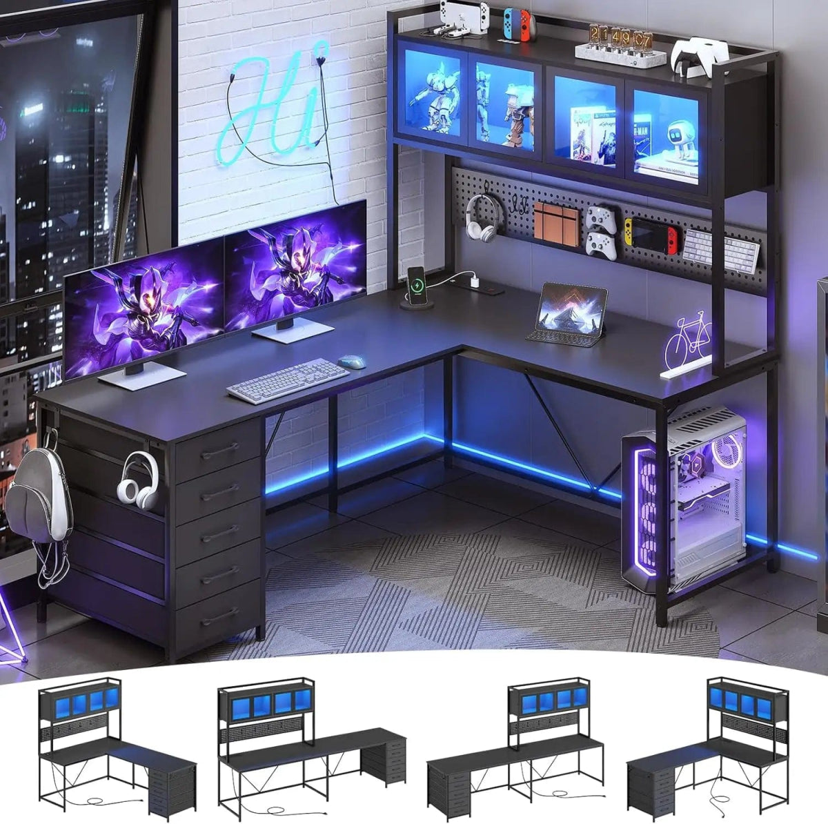 Desk, L Shaped Gaming Desk with Drawers, L Shaped Computer Desk with Hutch and Storage Shelves, Desk with Pegboard, Led Lights - SHOWLU FASHION STORE