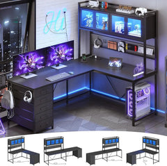 Desk, L Shaped Gaming Desk with Drawers, L Shaped Computer Desk with Hutch and Storage Shelves, Desk with Pegboard, Led Lights - SHOWLU FASHION STORE