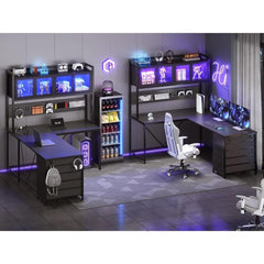 Desk, L Shaped Gaming Desk with Drawers, L Shaped Computer Desk with Hutch and Storage Shelves, Desk with Pegboard, Led Lights - SHOWLU FASHION STORE