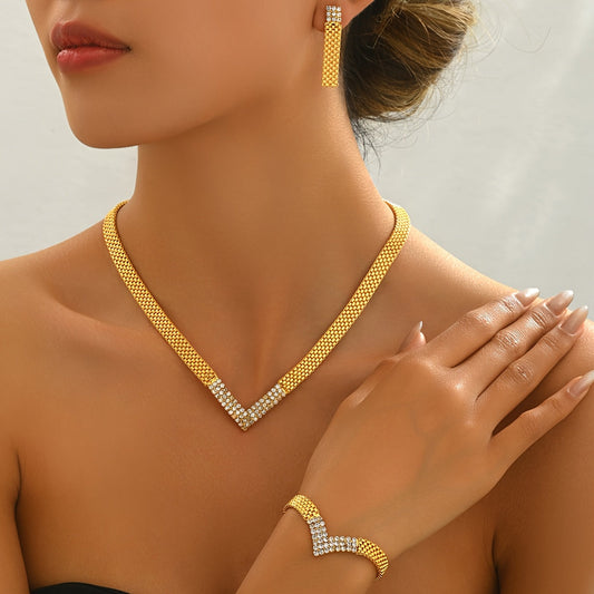 4pcs Elegant V-Neck Rhinestone Jewelry Set - Golden-Tone Necklace, Bracelet, Earrings & Ring - Vintage Luxury Style for Weddings, Banquets & Formal Events - Ideal for Ramadan, Wedding Jewelry SHOWLU FASHION STORE