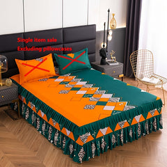 1pc Elegant Chinese Peony Bed Skirt - Traditional Style with Ruffled Edge, Golden Floral Design, Machine Washable Polyester, Perfect for Adding a Touch of Sophistication to Your Bedroom Decor, Bedroom Decor And Accessories SHOWLU FASHION STORE