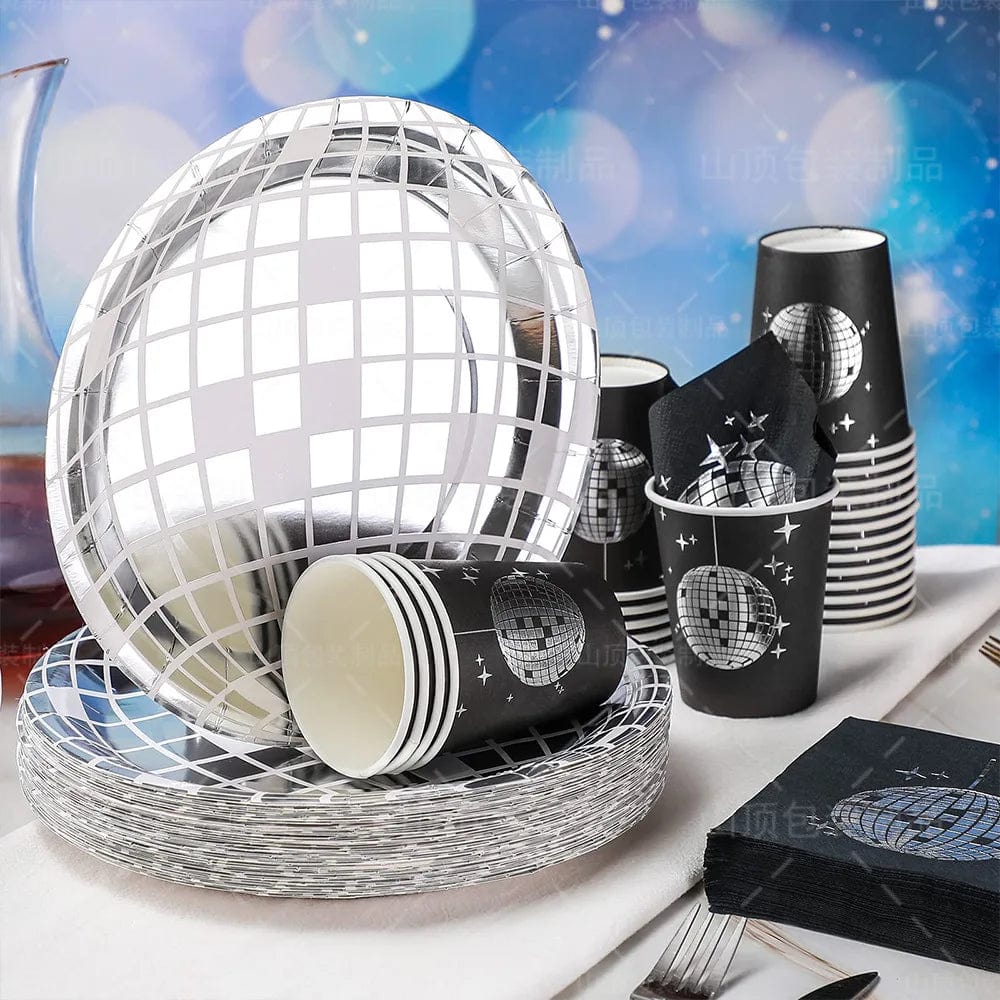 Disco Ball Theme Tableware Set Black Silver Disco Plates Napkins Cups Adults Happy Disco Birthday Party Decor Wedding Supplies - SHOWLU FASHION STORE