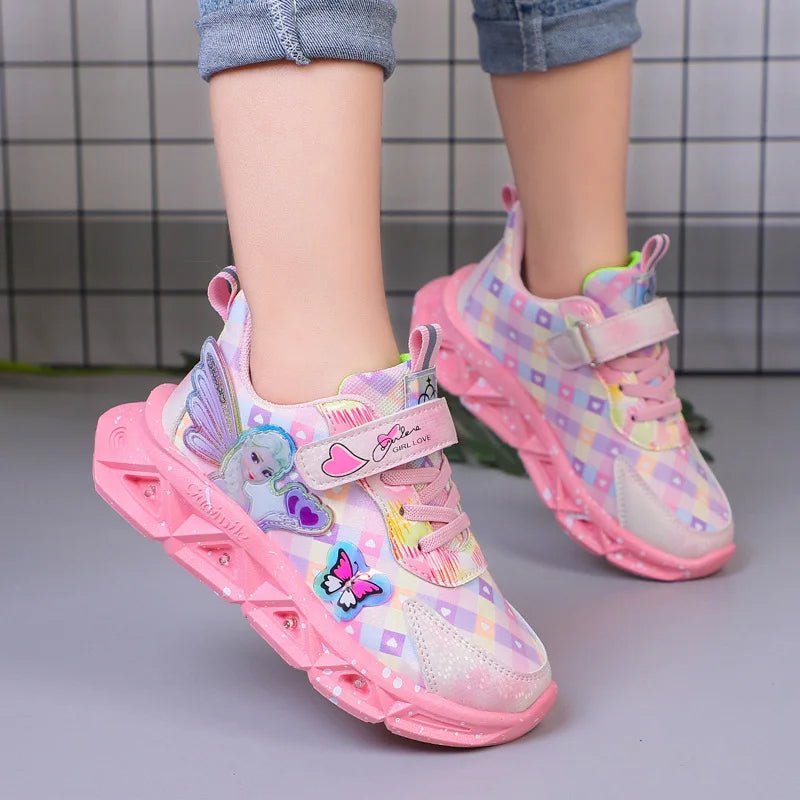 Disney Children's Sports Shoes Led Lights Sneaker Cartoon Frozen Princess Elsa PU Leather Girls' Pink Children's Running Shoes - SHOWLU FASHION STORE