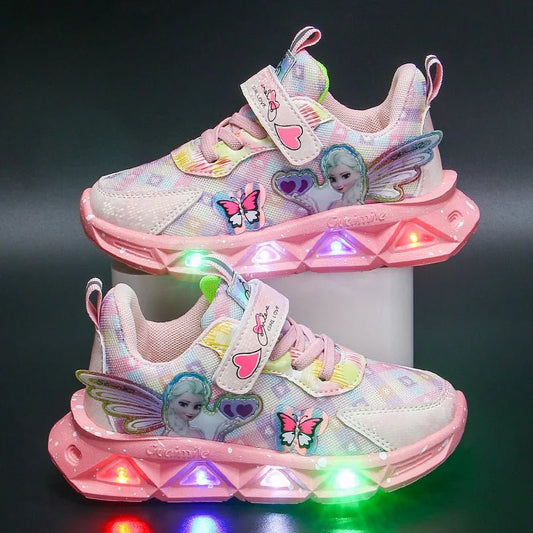 Disney Children's Sports Shoes Led Lights Sneaker Cartoon Frozen Princess Elsa PU Leather Girls' Pink Children's Running Shoes - SHOWLU FASHION STORE