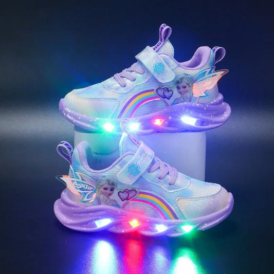 Disney Girls' Casual Shoes Led Lights Mesh Breathable Children's Sports Princess Elsa Pink Purple Shoes Sneakers Size 22 - 37 - SHOWLU FASHION STORE