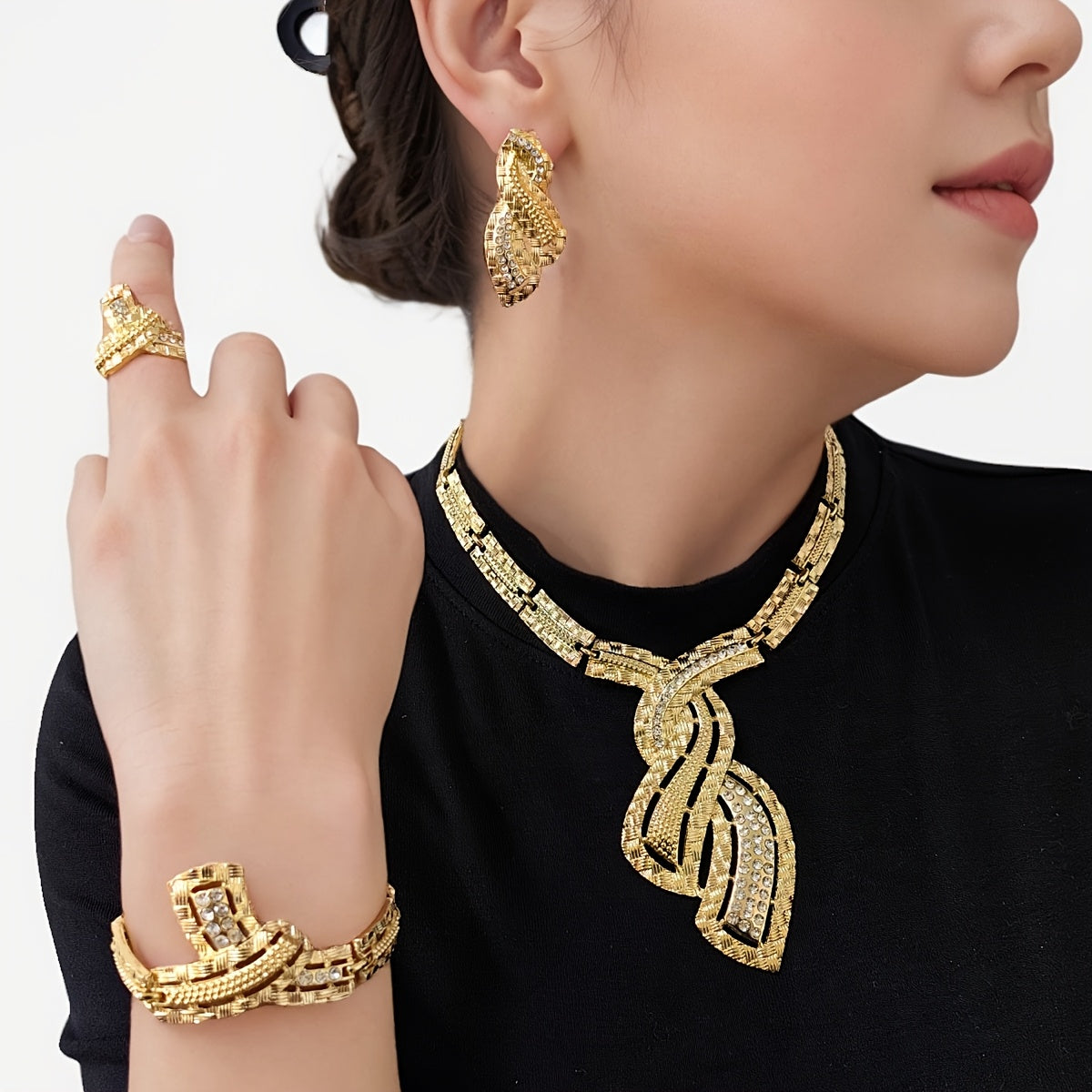 Elegant Jewelry Set for Women, Rhinestone Necklace, Earrings, Bracelet, and Ring Combo, Zinc Alloy Party Accessories, Versatile for Daily Wear, Weddings, and Celebrations SHOWLU FASHION STORE