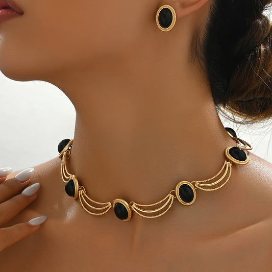 Boho Vacation Style Jewelry Set - 14K Golden Plated Copper with Black Glass Oval Stones - Elegant Vintage Inspired Necklace and Earrings Set for Party Occasions SHOWLU FASHION STORE