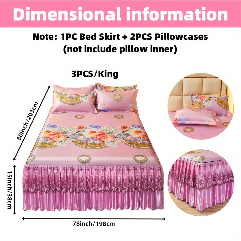 2pcs/3pcs Jacquard Bed Skirt Set with Pillowcases, Lace Hem, Floral Pattern, Soft & Comfortable, Machine Washable, Polyester 100%, Contemporary Style, Woven Fabric, 120g - Single/Double Size Options SHOWLU FASHION STORE