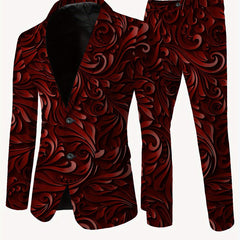 Men'S Casual Blazer and Trousers Set - Stylish Red Floral Pattern, Slim Fit, Polyester, Long Sleeve with Pockets, Perfect for All Seasons SHOWLU FASHION STORE