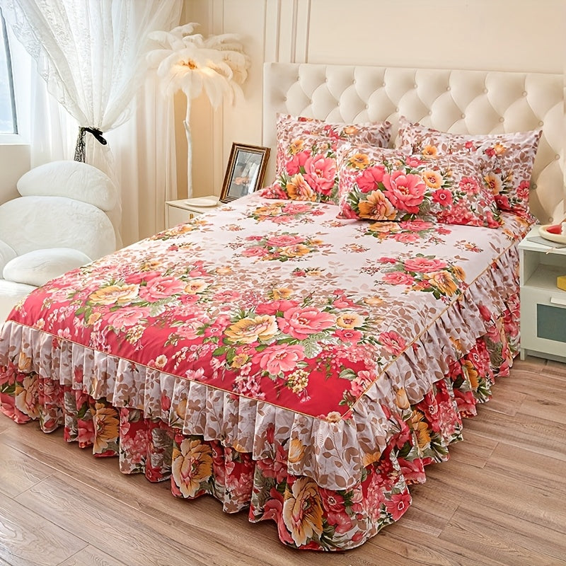 2/3pcs (Two/Three Piece Set) New Style Printed Ruffled Soft And Comfortable Breathable Bed Skirt (Includes One Bed Skirt And One/Two Pillowcases, Pillow Core Not Included) Bed Skirt, Bed Cover, Bed Set, Mattress Protector, Ma SHOWLU FASHION STORE