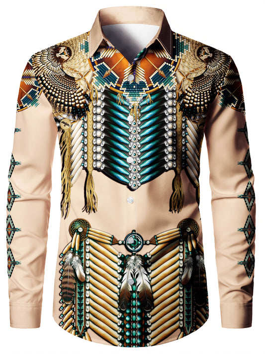 Men'S Tribal Print Long Sleeve Shirt, 100% Polyester, All-Season, Regular Fit, Woven Fabric with Slight Stretch, Button Collar, Vintage Ethnic Decorative Pattern, 120g/m² SHOWLU FASHION STORE