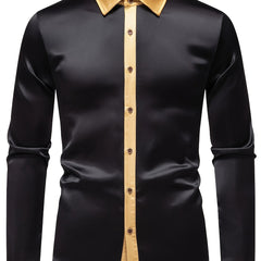 Men'S Casual Lapel Collar Color Block Long Sleeve Shirt Polyester Slight Stretch Button Shirt for Adult SHOWLU FASHION STORE